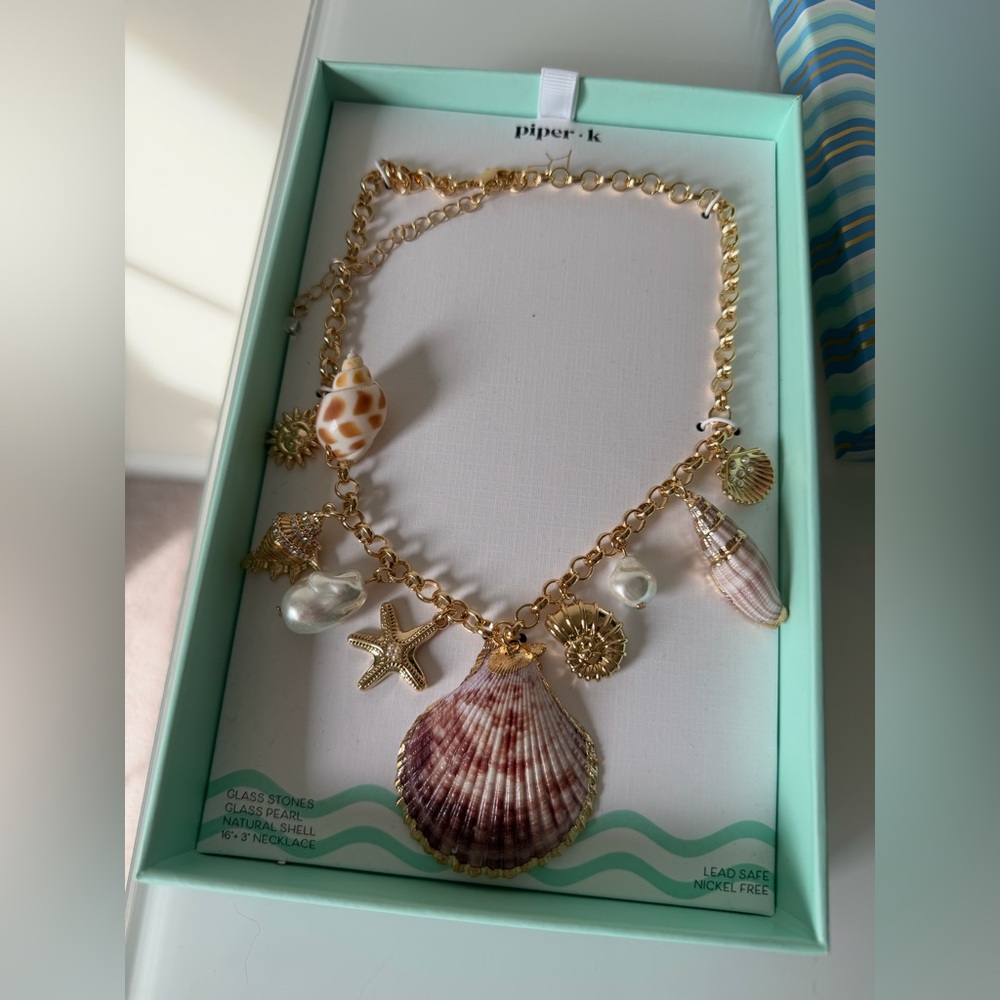 Piper K Gold Shells Pearl Charm statement Necklace